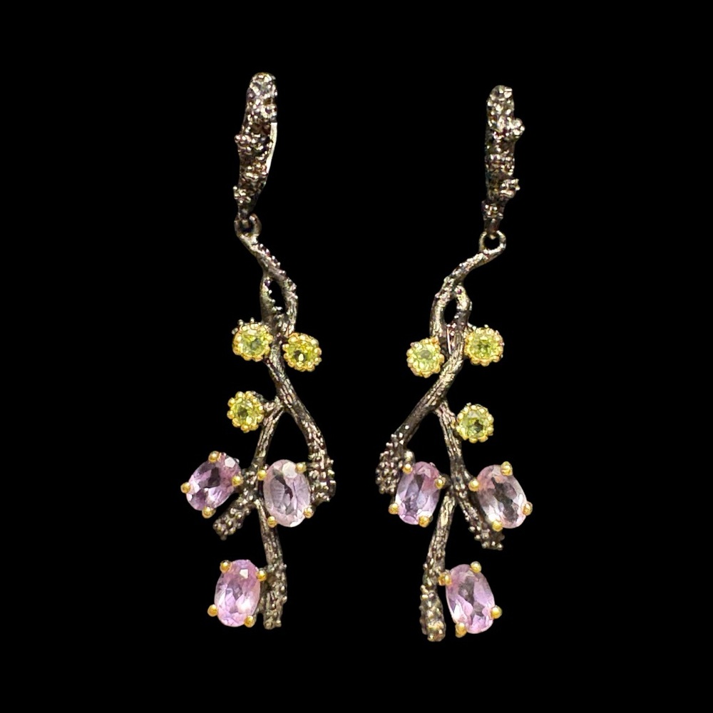 Arts & Crafts Amethyst and Peridot Gemstone Floral Earrings~Burnished Sterling